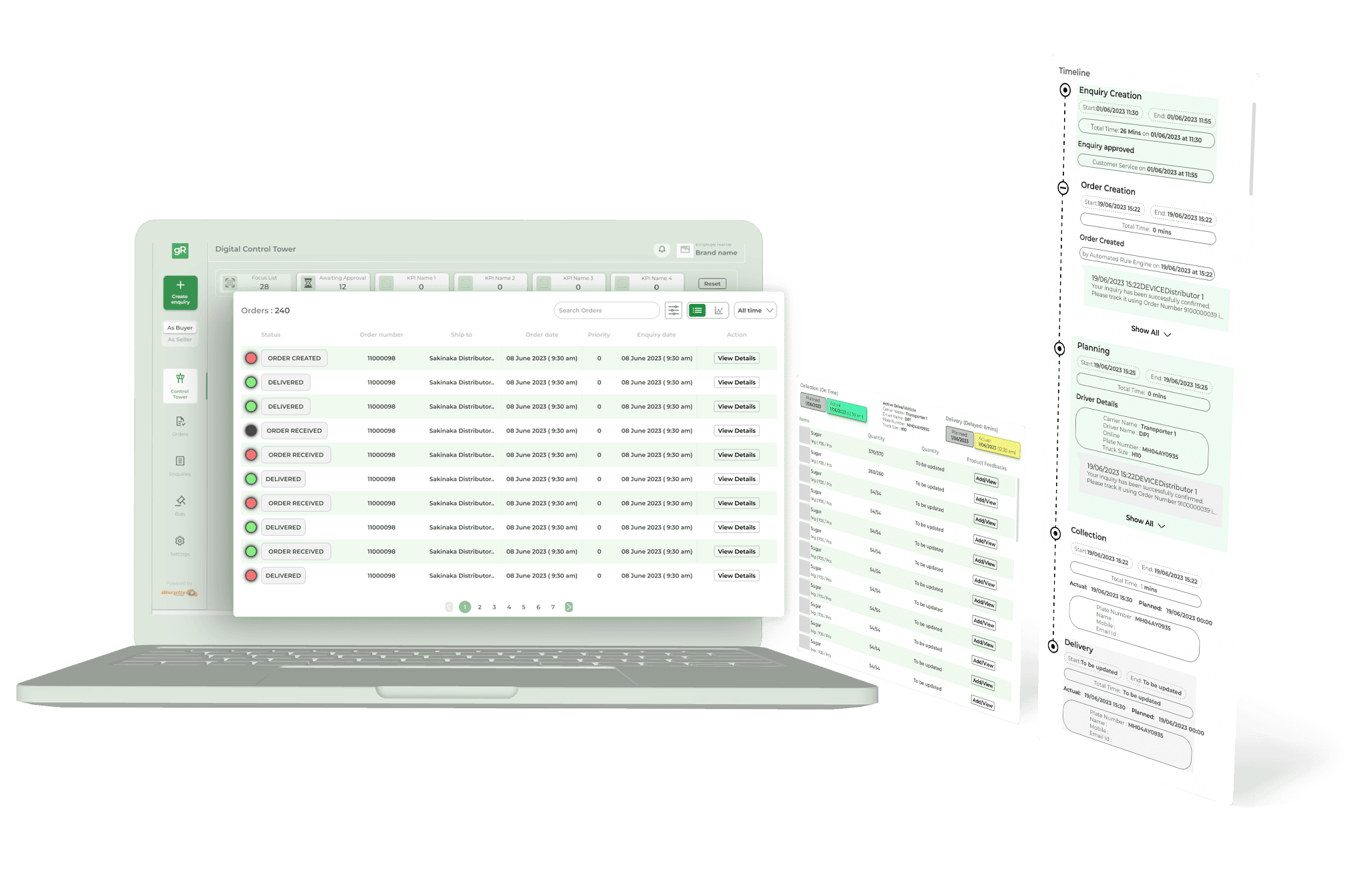 glassRUN Digital Control Tower dashboard showing live orders and an order-to-delivery timeline