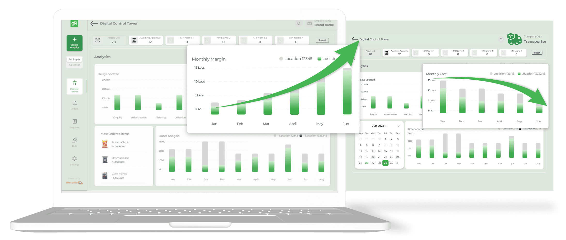 glassRUN analytics dashboards with rising monthly margin charts on laptop and tablet