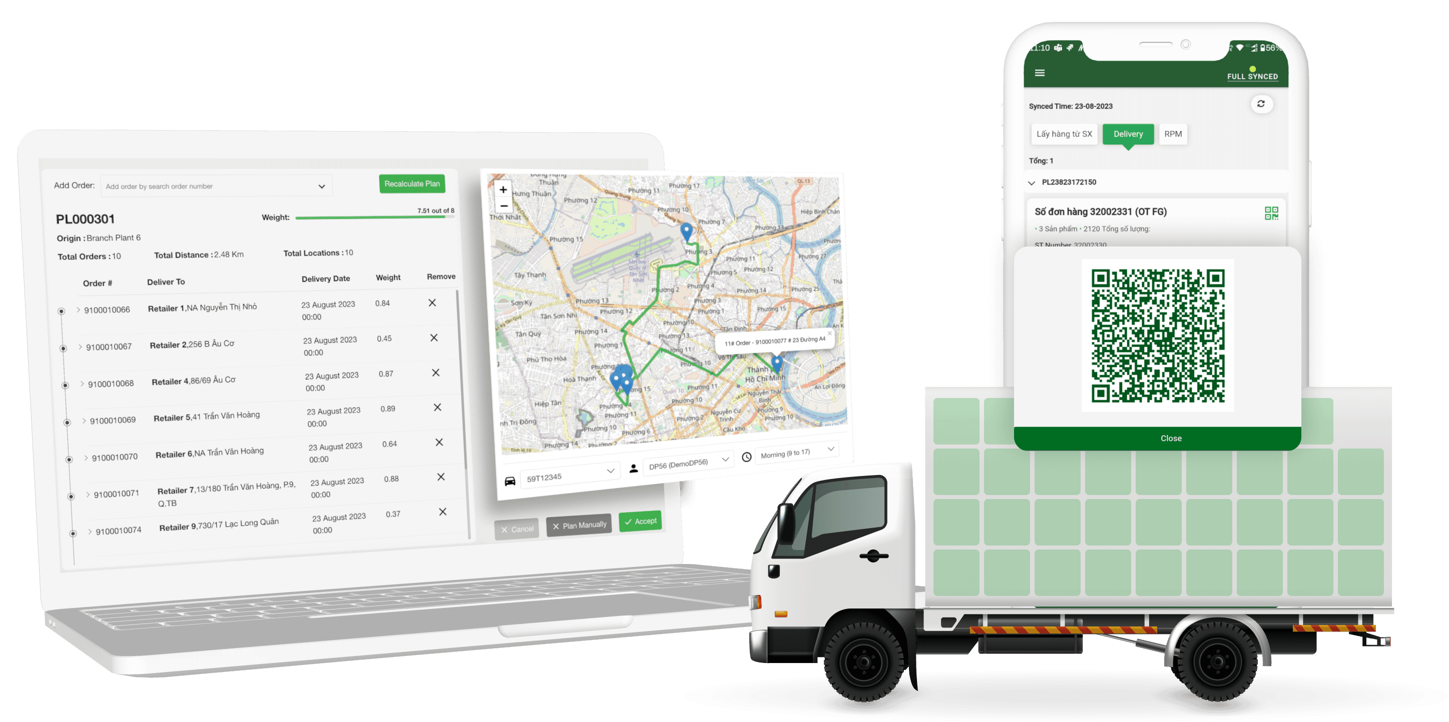 glassRUN smart routing — route map, delivery trip details on mobile, and an optimised delivery vehicle